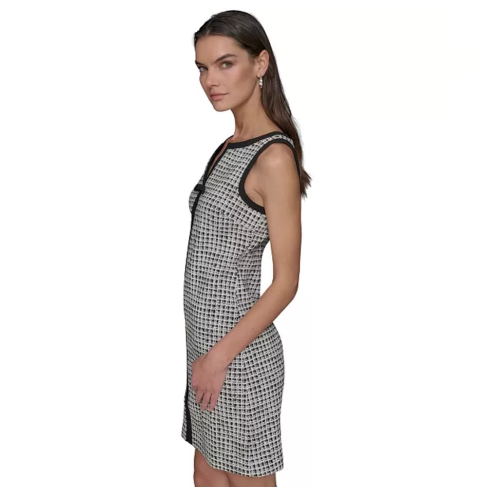 KARL LAGERFELD PARIS Women's Jacquard Contrast-Frame BlackWhite Sleeveless Dress - Picture 4 of 9